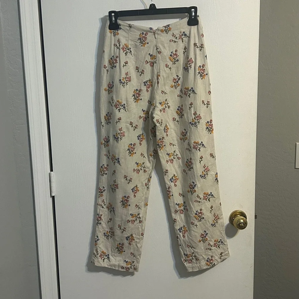 Cottage embroidered floral high waist linen pants size 0